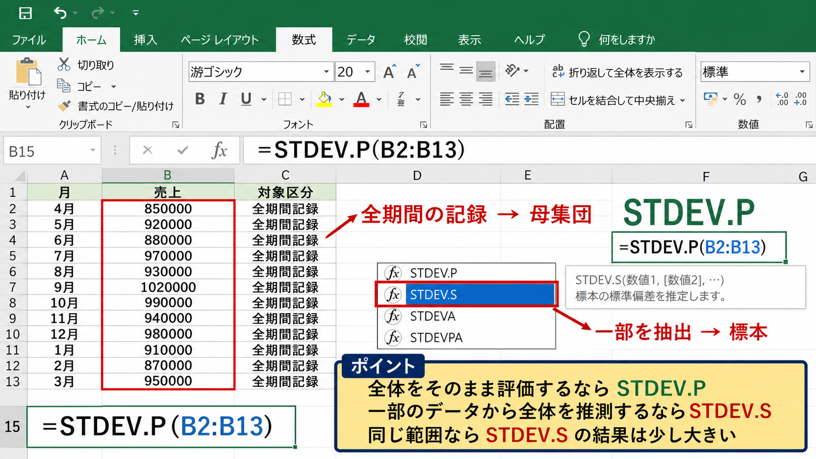 STDEV.P関数とSTDEV.S関数の使い分け
