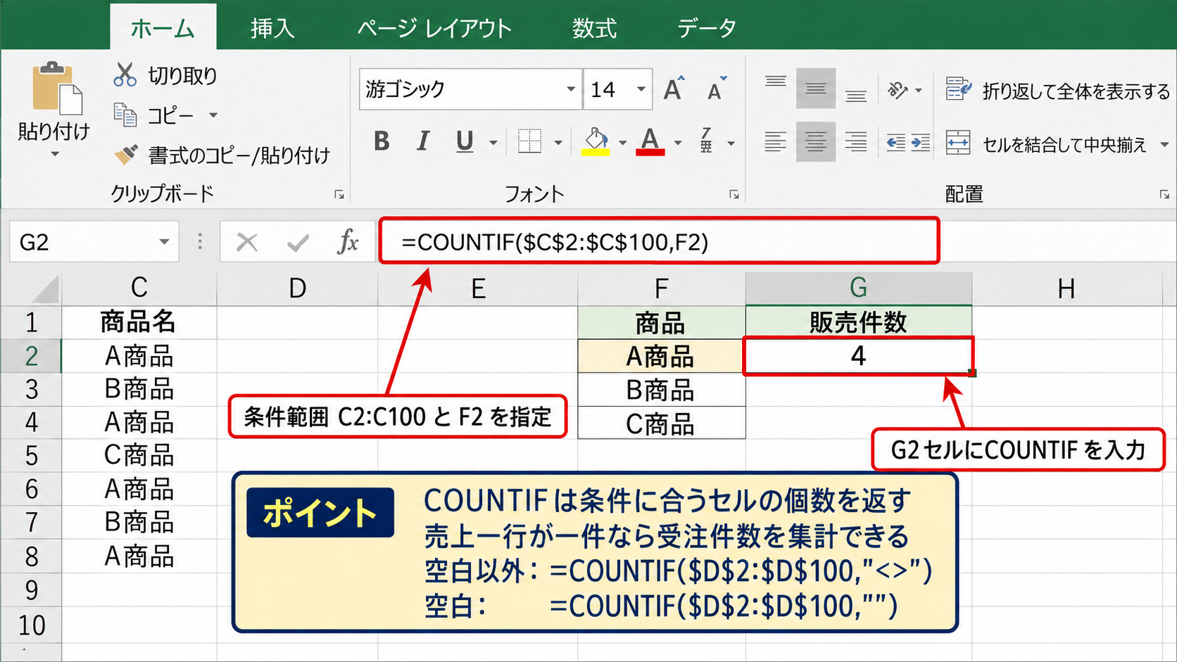 COUNTIF関数による条件別件数
