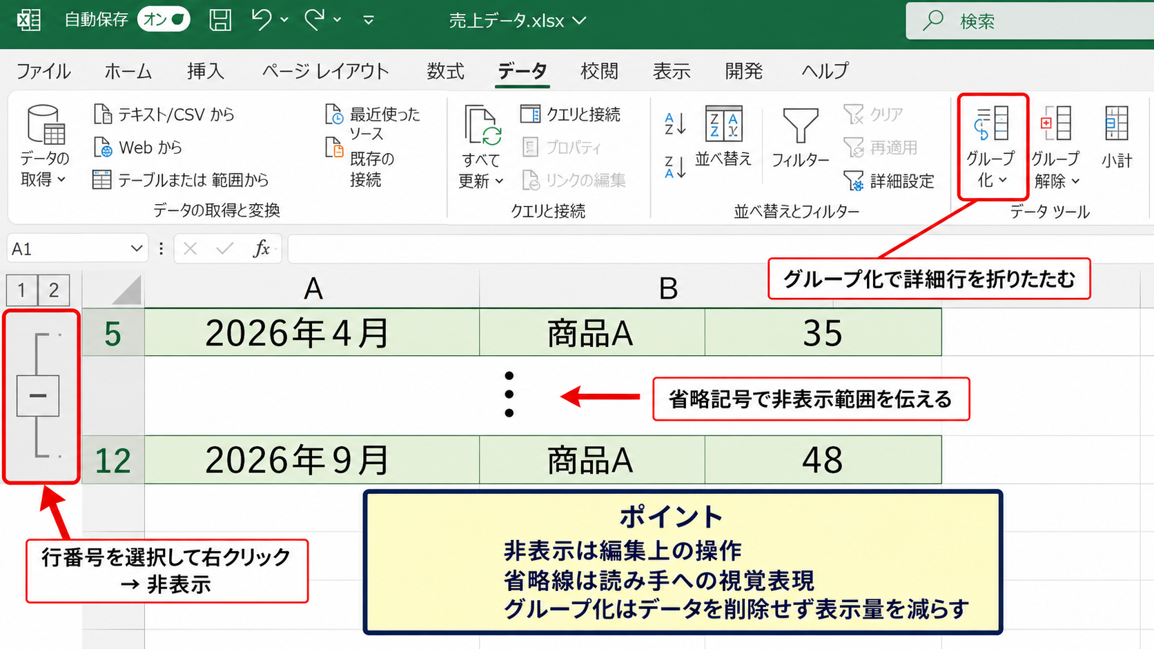 行と列の省略表示による表の整理
