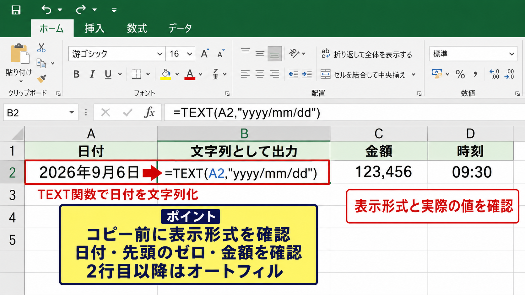 コピーと値貼り付けによるテキスト抽出 - 表示形式と実際の値の確認