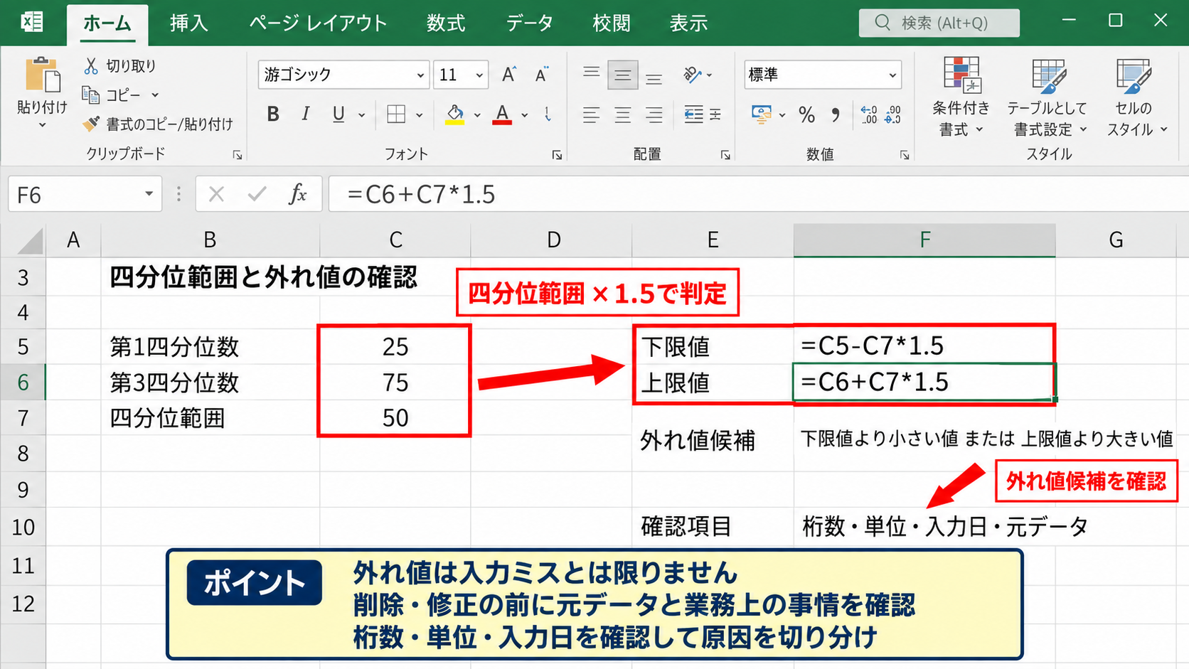 四分位範囲の結果の読み方 - 外れ値との関係