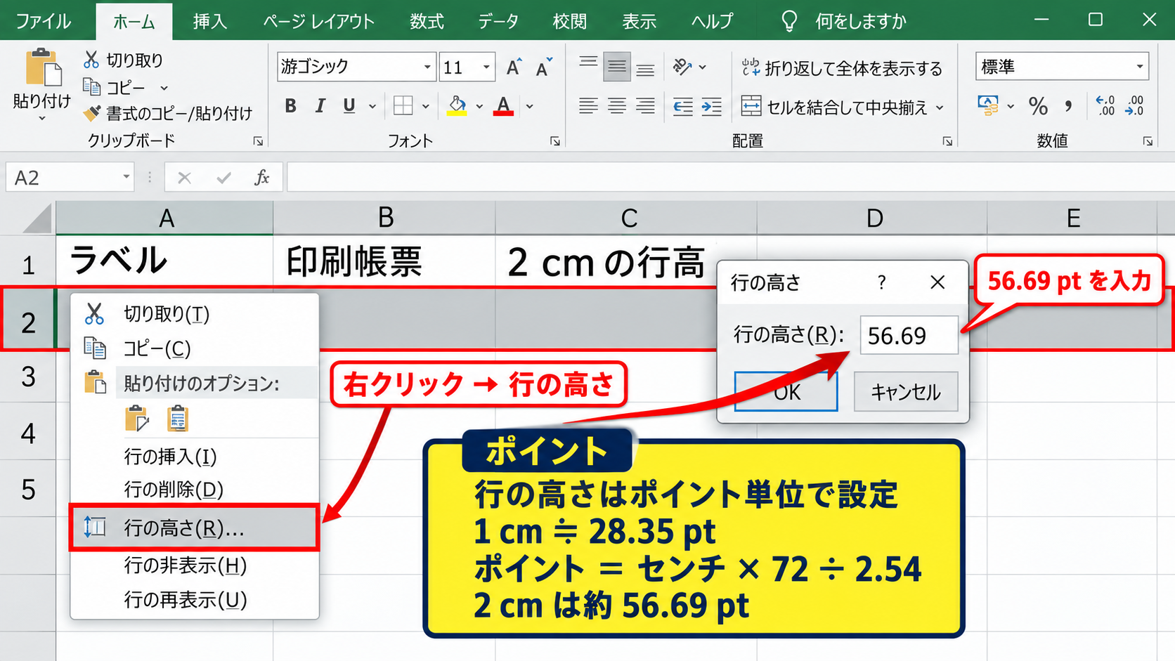 セルの行高と列幅をセンチに換算する方法 - 行の高さとポイントの関係