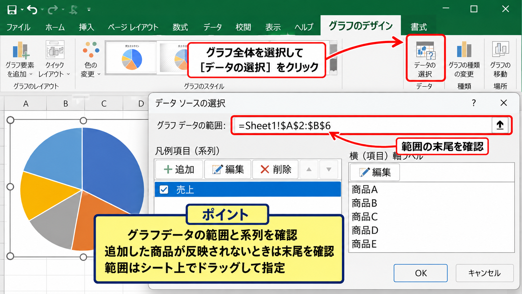 元データ範囲の確認方法 - データの選択画面