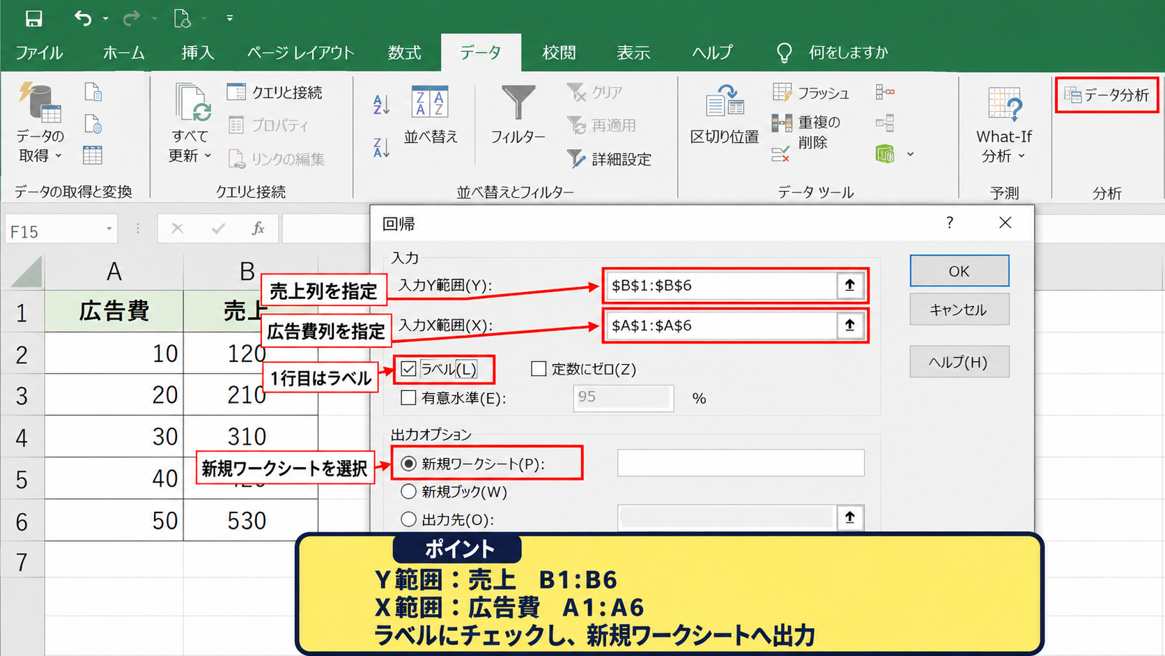 分析ツールによる線形回帰分析 - 回帰分析ダイアログの入力範囲