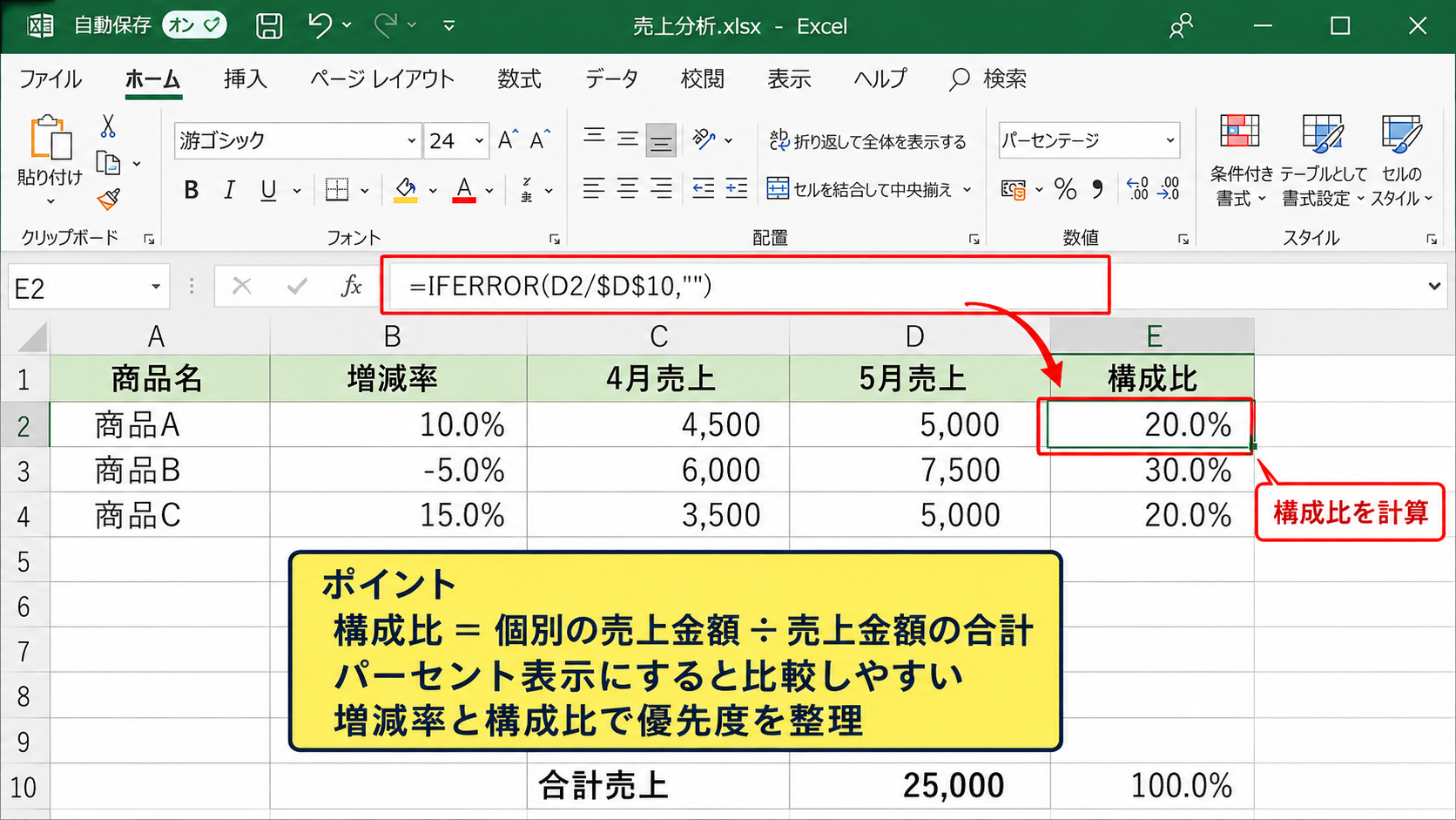 Excel関数とGeminiを組み合わせる分析手順 - 増減率と構成比の算出