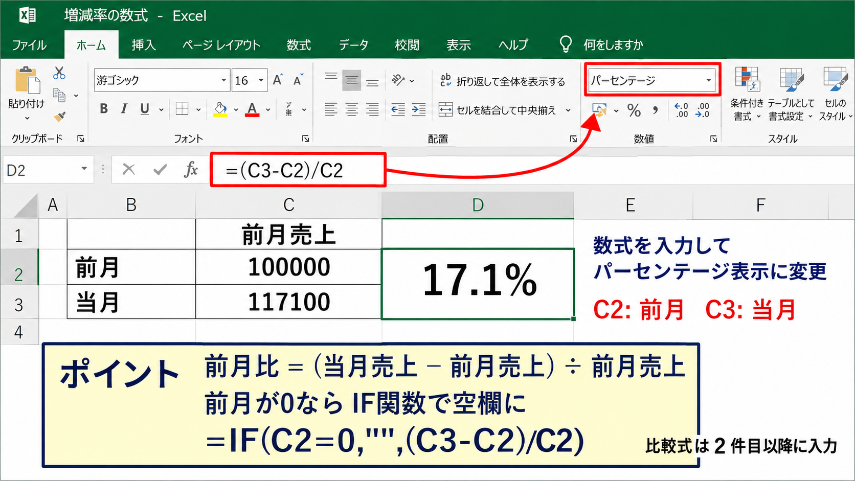 AIを活用したデータ要約 - 増減率の数式