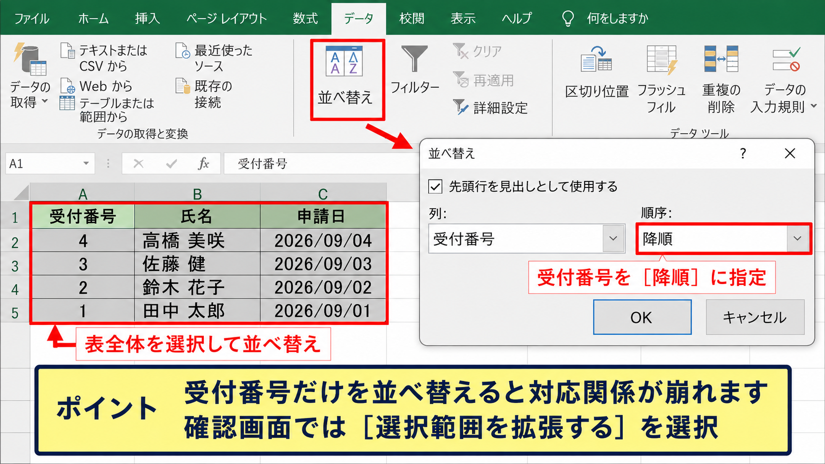 エクセルで上下の順番を反転する並べ替え方法 - 連番列を基準に降順へ並べ替える操作