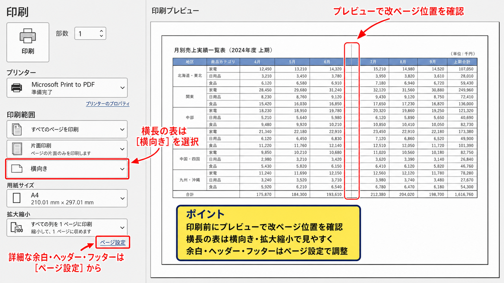 ファイルタブにある保存と印刷のダイアログボックス - 印刷設定で確認する項目