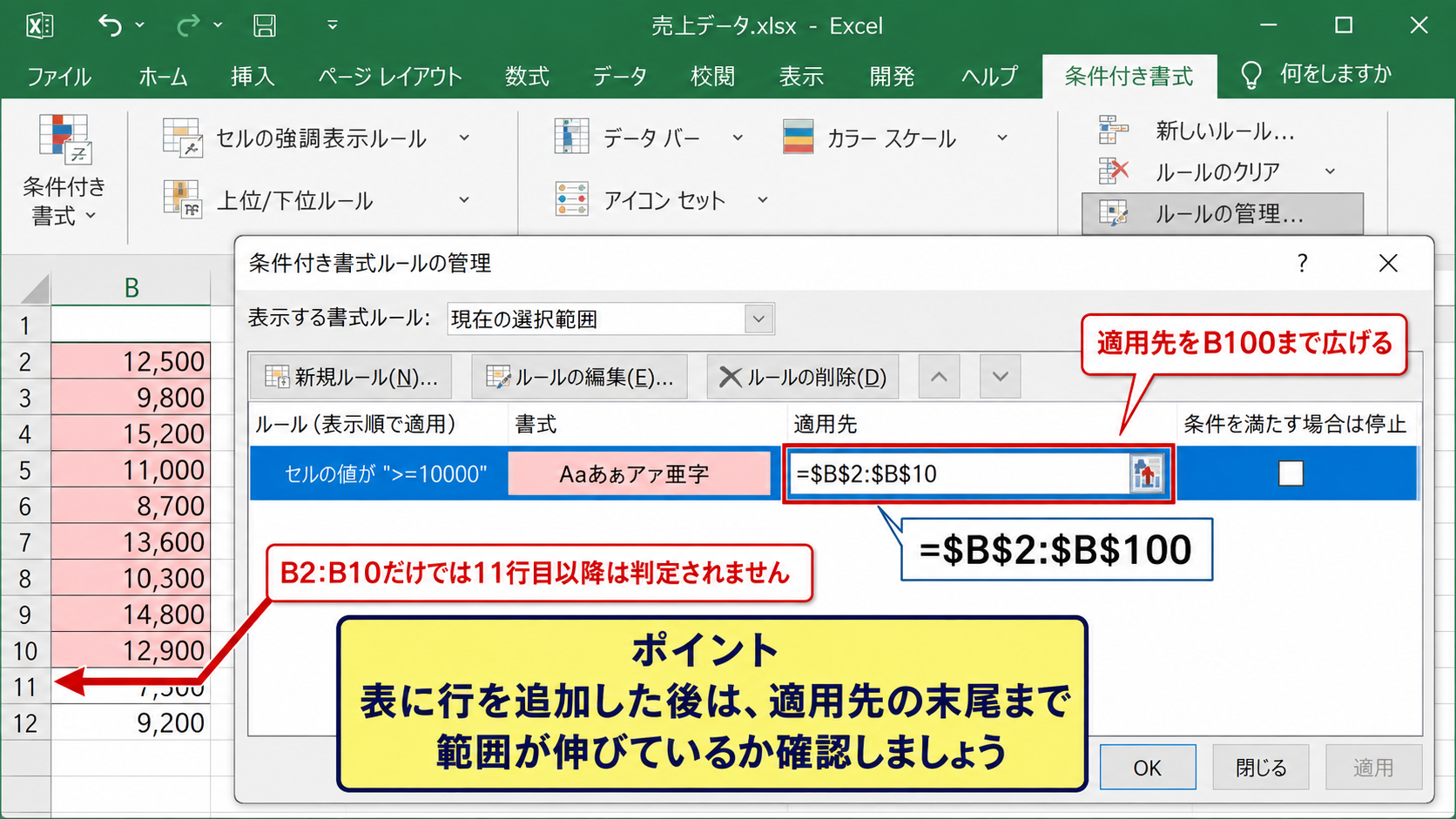 条件付き書式ルールの管理画面 - 適用先の範囲確認