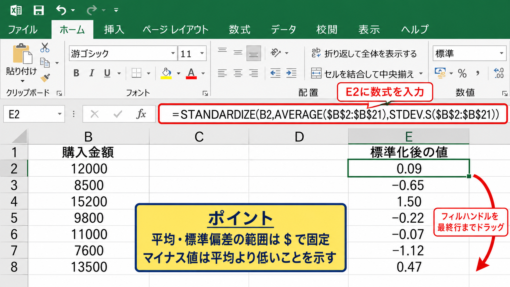 標準化による尺度の統一 - STANDARDIZE関数を使う数式
