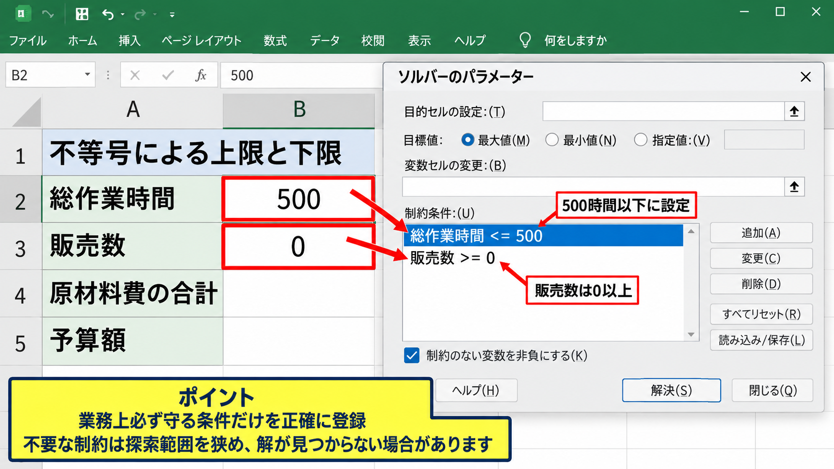 制約条件による最適化の調整 - 不等号による上限と下限