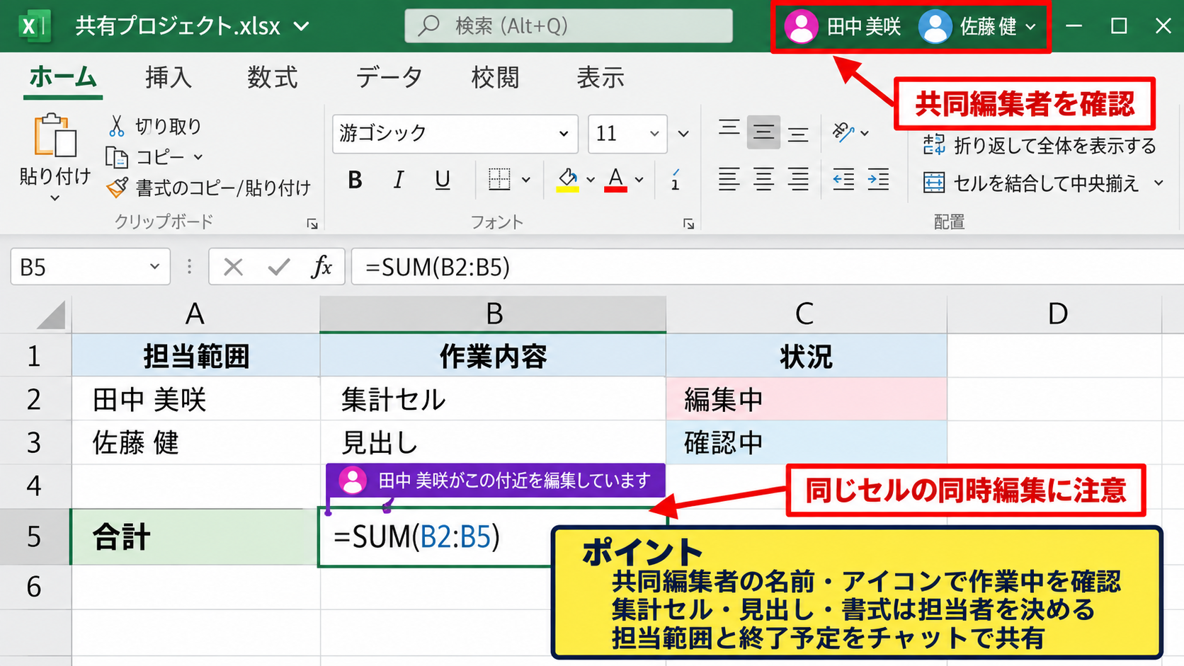 複数人で同時編集する際の操作 - 共同編集者の表示