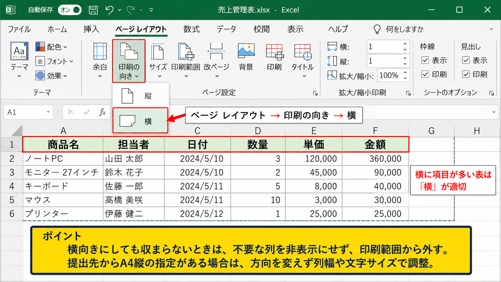 用紙方向と拡大縮小による見やすさの設定 - 縦向きと横向きの使い分け