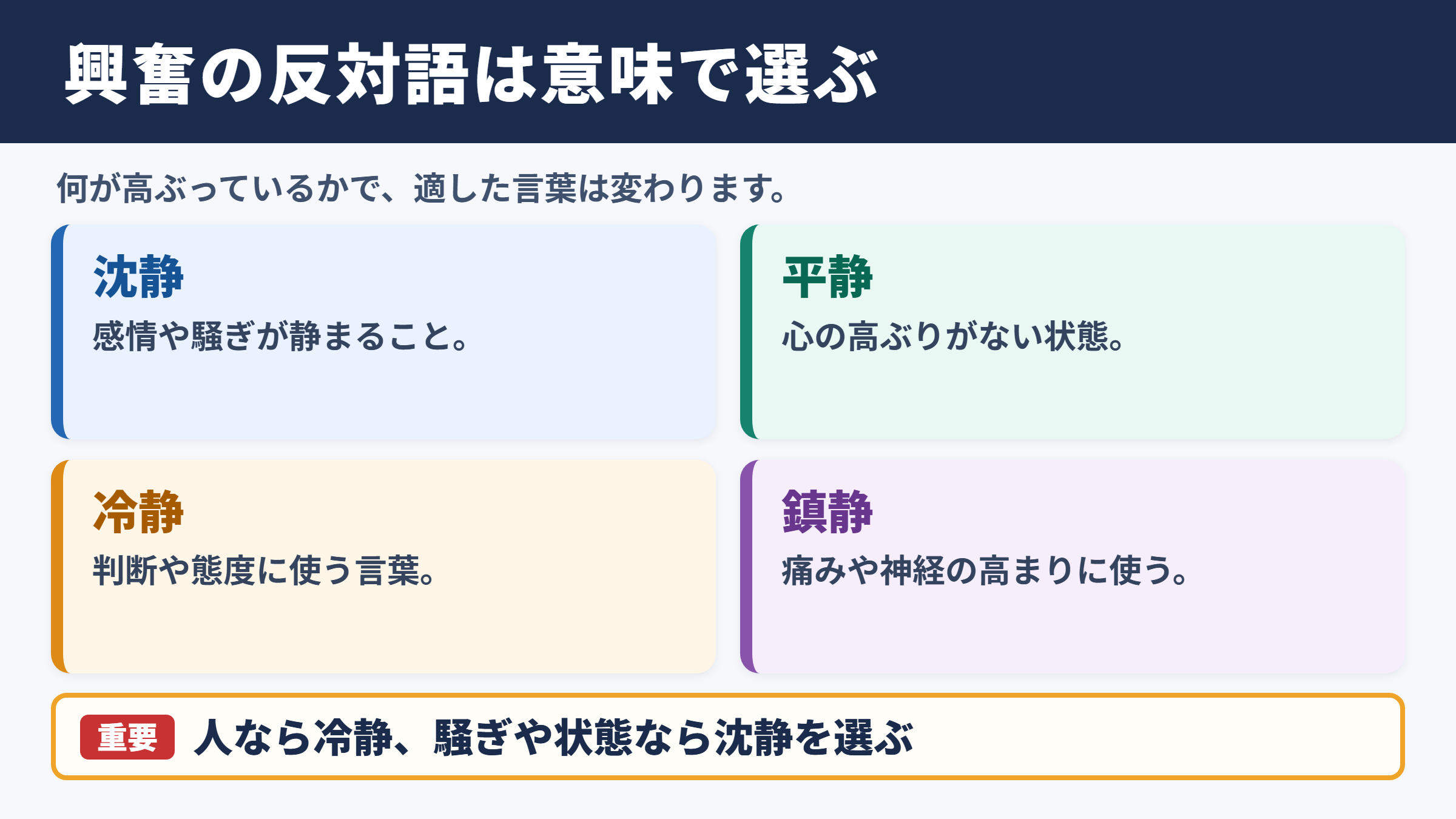 興奮の対義語「沈静」と意味別の反対語一覧