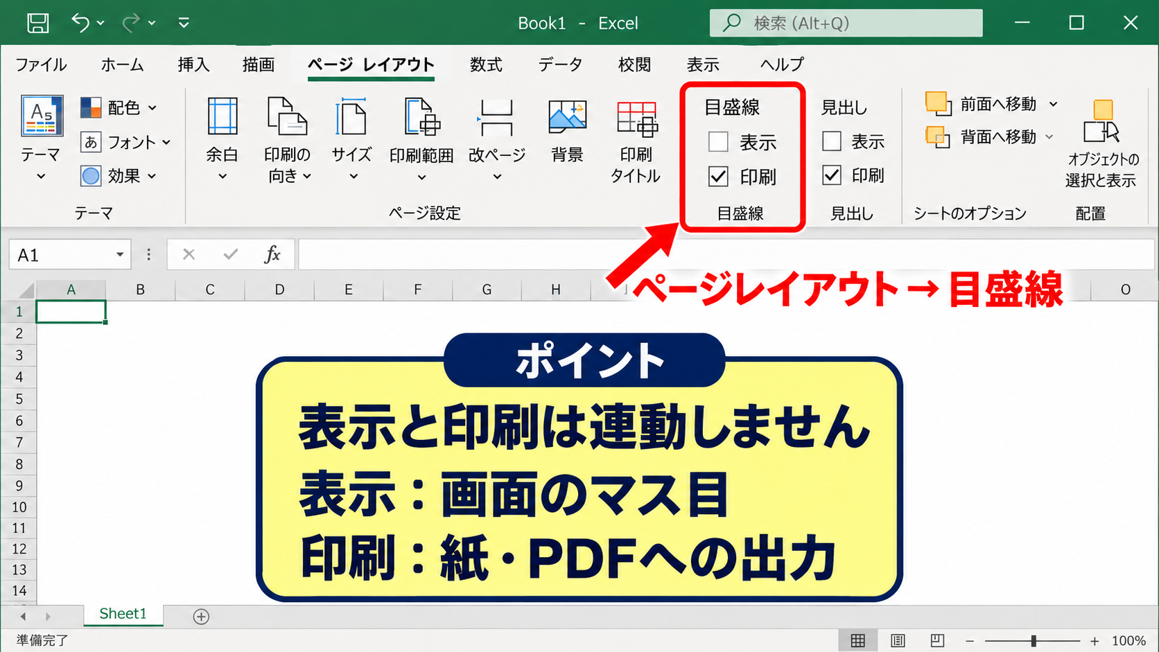 エクセルの枠線を消す方法【表示タブの目盛線設定】 - ページレイアウトタブで目盛線を管理する方法